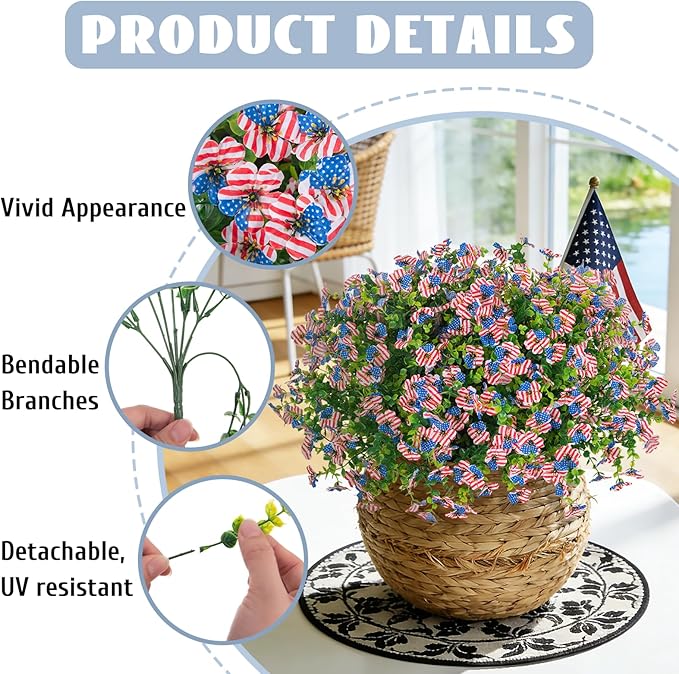 ADXORA 12 Bundles Artificial Flowers,Faux Plants for Spring Summer Decoration, UV Resistant Colorful Violets Eucalyptus for Outside Home Planter Porch Patio Yard Décor (Red,Blue,White)