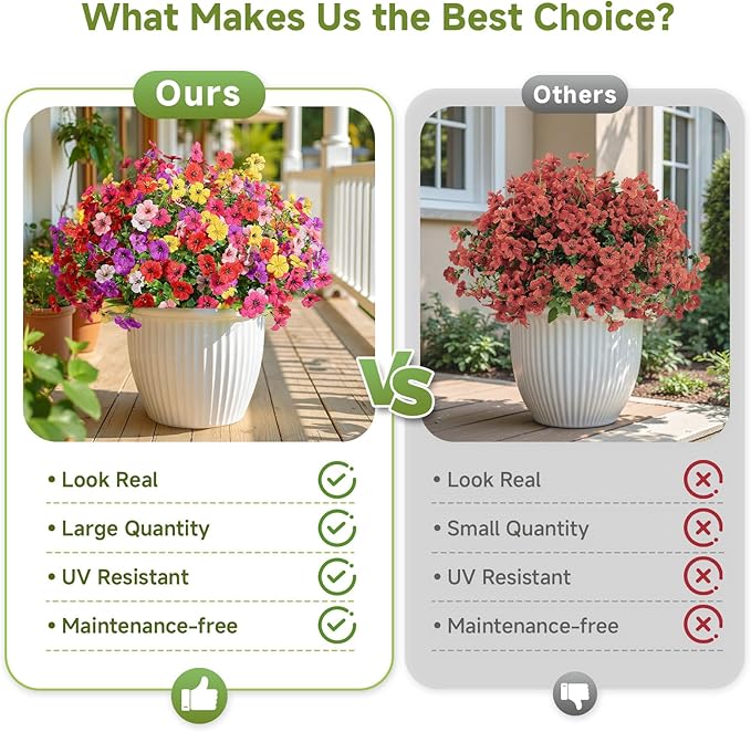Alupssuc 24 Bundles Artificial Flowers for Outdoors Spring Decoration, UV Resistant Faux Eucalyptus Violet and Lavender Silk Fake Plants for Outside Indoor Decor, Red Rose Purple Yellow Pink White