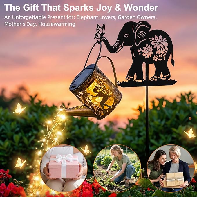 Solar Watering_Can Lights Outdoor Decor with Elephant Stake & Fairy Silhouettes, Cascading String Lights for Garden, Patio, Yard - Waterproof Solar Powered Gift for Mom, Housewarming, Birthday