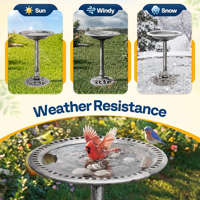 VIVOHOME Bird Bath for Outside, Polyresin Pedestal Bird Baths for Outdoor, Garden, 28 Inch Height Weather-Resistant Birdbaths with 20" Bowl, Gray