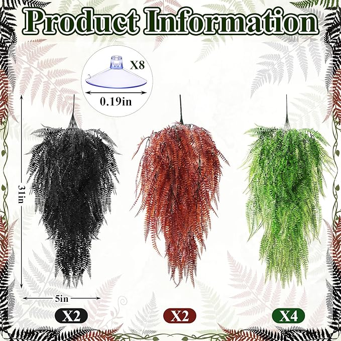 Suncalla Reptile Plants Terrarium Hanging Plants Vines Boston Climbing Terrarium Plant with Suction Cup for Bearded Dragons Lizards Crested Gecko Snake Crab Tank(Vivid Series,3 Colors)