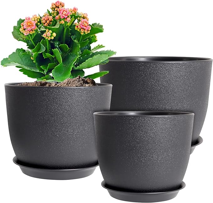 WSMKSZ 12/10/9 inch Big Flower Pots, 3 Pack Modern Decorative Plastic Planters with Drainage Holes and Tray, Plant Pots for Indoor Outdoor Plants, Black