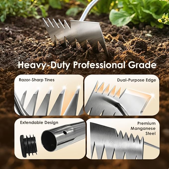 Weed Puller Tool, 2026 Upgraded Portable Manual Weeding Tools Gardening, 6 Teeth Dual Head Stainless Steel Hand Garden Weeding Rake, Weed Remover Tool for Gardening Backyard Yard Farm Planting Weeding