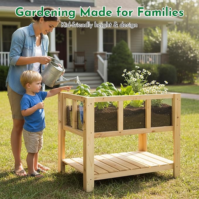 ketive Raised Garden Bed with Transparent Acrylic Side Panels, Elevated Wooden Planter Box with Shelf for Vegetables, Herbs & Flowers,Outdoor Raised Garden Planter for Patio, Balcony & Backyard