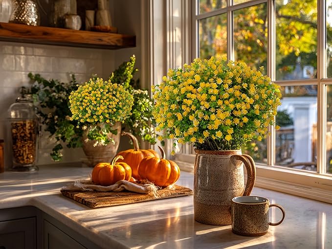 Artificial Flowers Outdoor Fake Plants - 12 Bundles UV Resistant No Fade Faux Plastic Greenery Boxwood Shrubs Home Garden Porch Patio Decoration (Yellow)