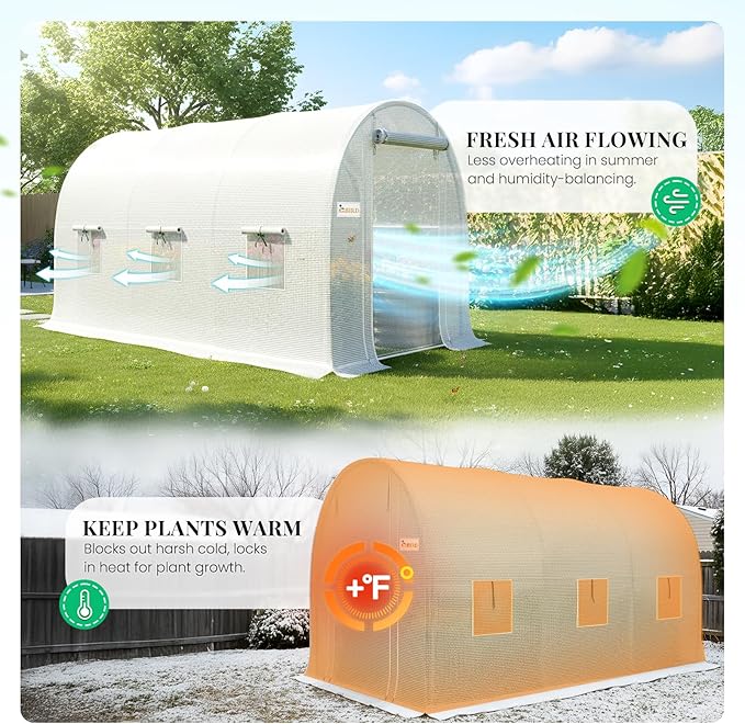 KING BIRD Premium 10x6.6x6.6FT Greenhouse for Outdoors, Large Walk-in Heavy Duty Galvanized Steel Frame, Mesh Door Screen Window Upgraded Zipper Tunnel Hoop for Garden Plant Winter, White