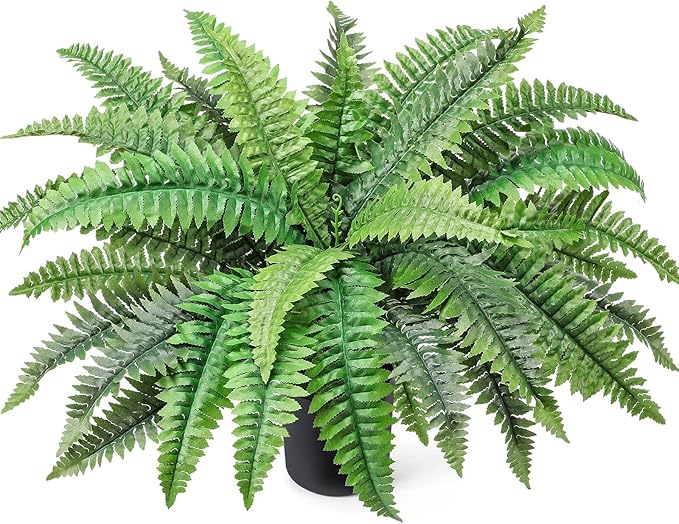 Fake Ferns Potted Plant, Artificial Boston Ferns in Pot, 34 Leaves for Outdoors & Indoor Faux Boston Bush Plant Artificial Greenery Patio Garden Farmhouse Windowsill Porch Home Decor