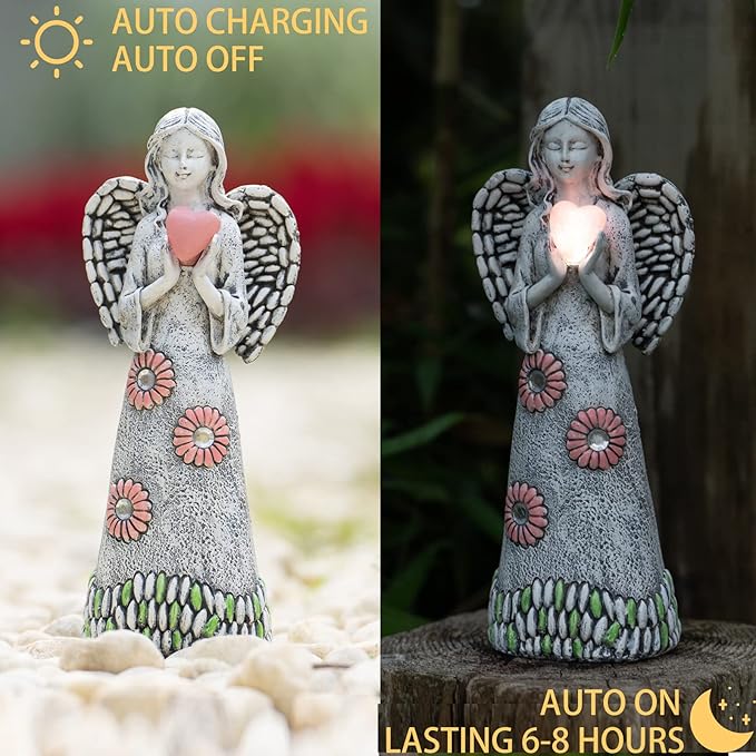 Rezpuao Solar Angel Statue - Garden Sculpture with Resin Decor for Patio, Lawn, Yard, Porch - Housewarming Gift, 10.03"