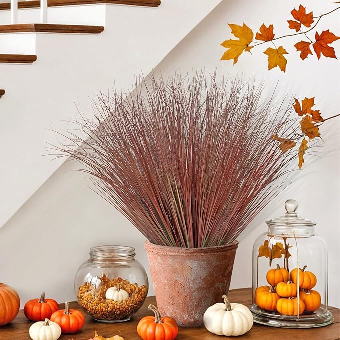 24 Bundles Red Artificial Plants Onion Grass Outdoor 20 Inch Fall Fake Shrubs Wheat Grass UV Resistant Autumn Greenery Stems Faux Bushes Plant for Indoor Home Farmhouse Thanksgiving Fall Decor