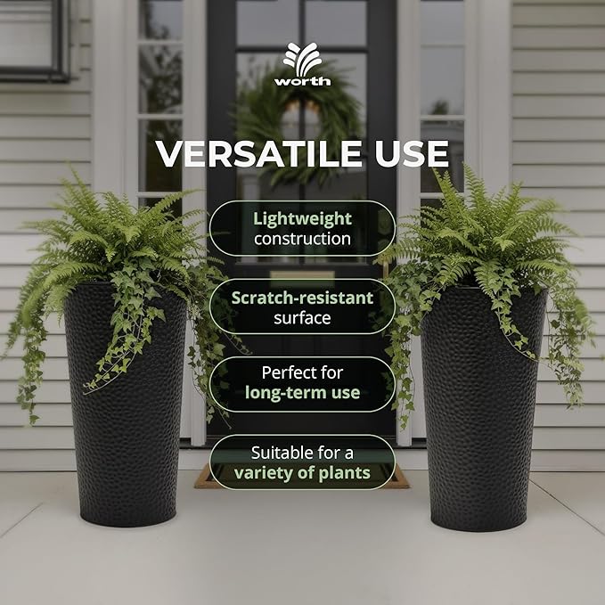 Worth 2 Pack 28" Tall Narrow Metal Planter with Inside Pot for Indoors or Outdoors, Deck, Patio or Front Porch, Hand-Hammered Texture, Black