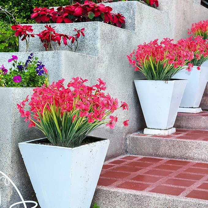 30 Bundles Artificial Flowers Outdoor UV Resistant Fake Flowers No Fade Faux Plastic Plants Garden Porch Window Box Decorating(Rose red)