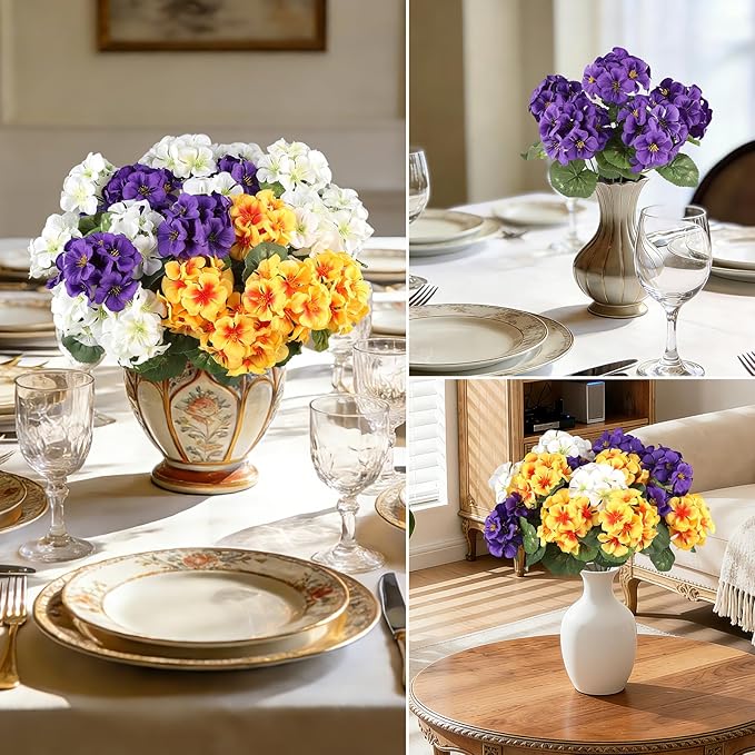 6 Bundles Artificial Geranium Flowers for Outdoors Spring Decor Geraniums Silk Flowers UV Resistant Lifelike Faux Flowers for Outdoor Garden Patio Porch Balcony Home Decor(Purple 2,White 2,Yellow2)
