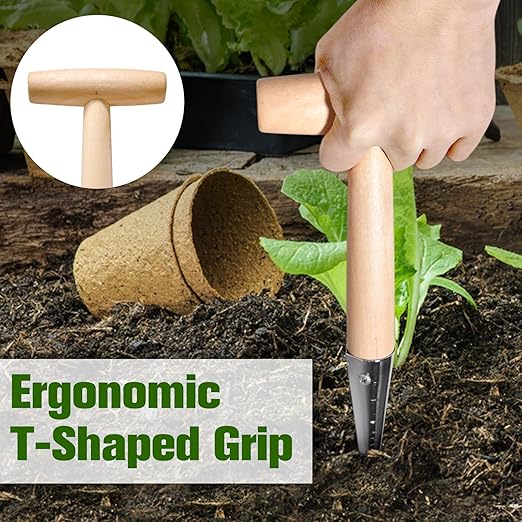 SPEEDWOX Dibbler Gardening Tool Wood Handle Garden Hole Punch Dibbler Tool for Planting Seeds,Self Watering Stakes Bulb Planter Tool Flower Bulb Planting Tools Hole Digger for Gardening
