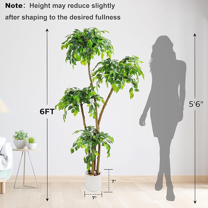 6FT Artificial Ficus Tree with White Planter and Pebbles,Faux Silk Tree with Lifelike Leaves and Realistic Trunk,Tall Fake Potted Plant for Home and Office Décor Indoor and Outdoor (6FT)