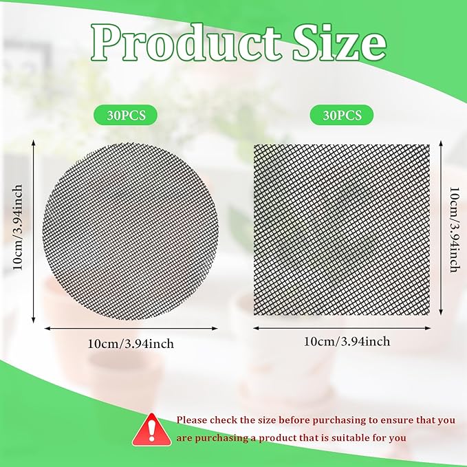 60 Pcs 4 inch Round&Square Flower Pot Hole Mesh Pad Plant Drainage Screens Gasket Bonsai Pot Bottom Grid Mat Mesh for Bottom of Planters Stop Soil from Falling Out