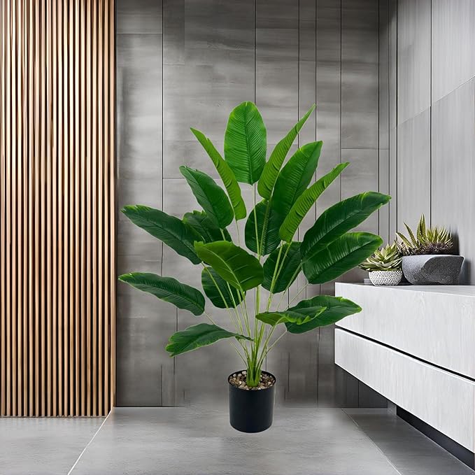 Artificial Bird of Paradise Plant 28“, 18 Trunks, Faux Palm Tree in Pot for Indoor/Outdoor Décor