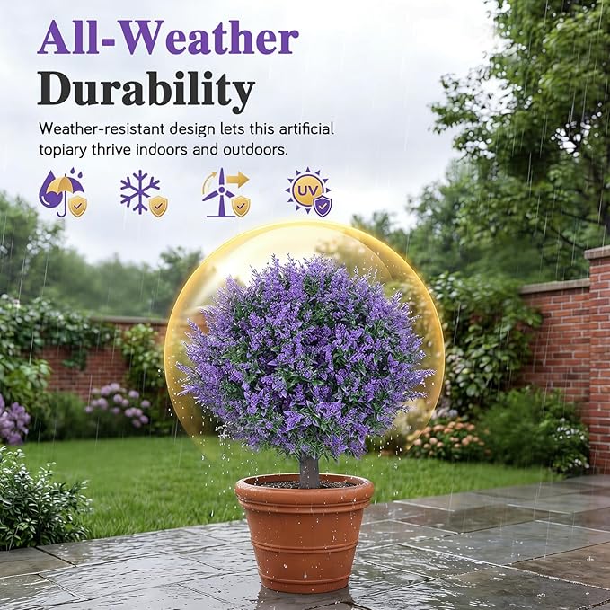 PATIO CHOICE Artificial Topiary Boxwood Ball Trees with Lavender Set of 2 22" Artificial Faux Plants Realistic Bushes Fake Shrubs Decorations for Outdoor Indoor Front Porch Garden