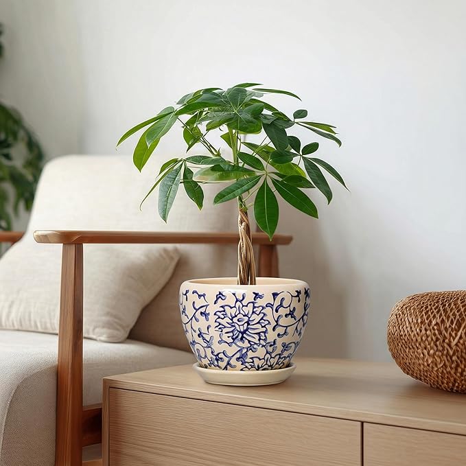 6 Inch Plant Pot - Ceramic Planters for Succulent Snake Plants, Round Pots for Plants with Drainage Hole and Saucer, Indoor Flower Pots, Living Room Decor, Gardening Gifts, Retro Blue