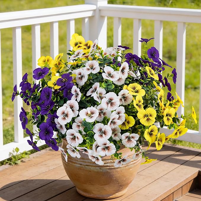 17 Inch Artificial Faux Pansy Flowers for Outdoor,Fake Pansies Flowers with Eucalyptus Leaves Fake Plants Greenery Boxwood Porch Patio Decor 6 Bundles(Dark Purple, Yellow, White)