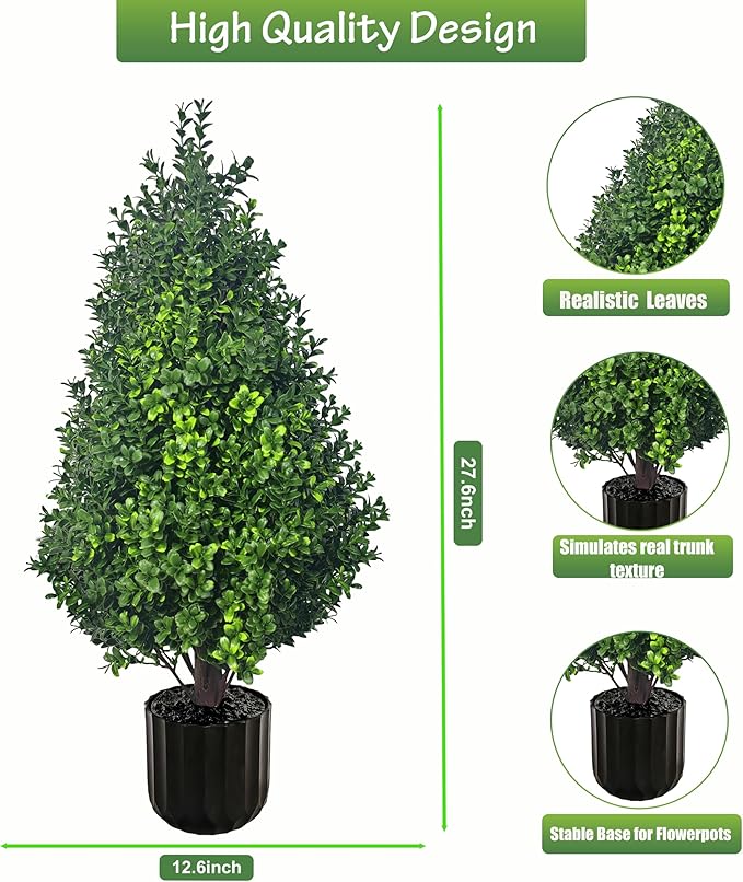 Set of 2 Artificial Potted Plants Boxwood Trees Outdoor Indoor Artificial Topiary Tree with Planter,2.3FT Potted Faux Bushes Evergreen Fake Trees Outside Realistic for Porch Offices Balcony Garden