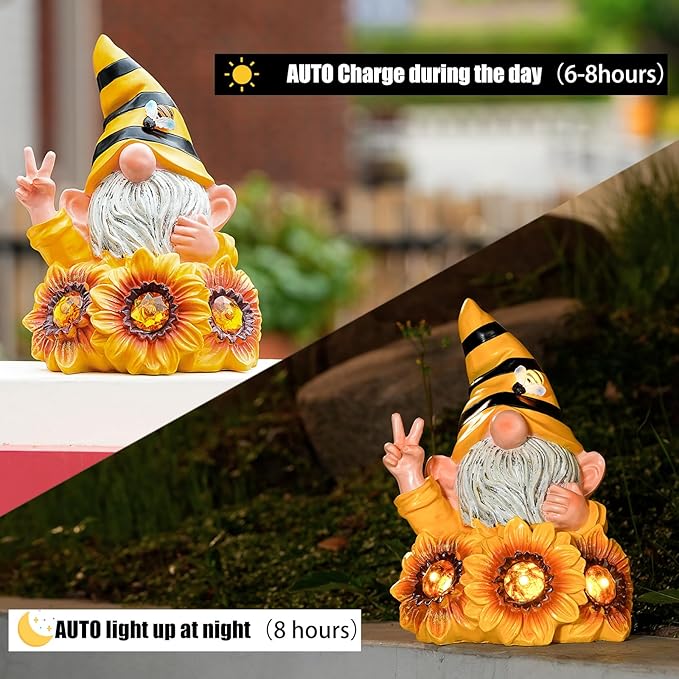 Joint Honglin Garden Sculptures & Statues Resin Summer Bee Gnome with Sunflower, Outdoor Funny Decoration Solar Light Figurine Gifts for Yard, Patio Decor for Mom