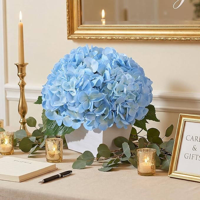 Artificial Hydrangea Flowers Arrangement in Wood Planter, 4PCS Fake Blue Flowers in Wooden Vase Potted Floral Centerpieces for Tables Living Room Home Office Room Shelf Kitchen Decor