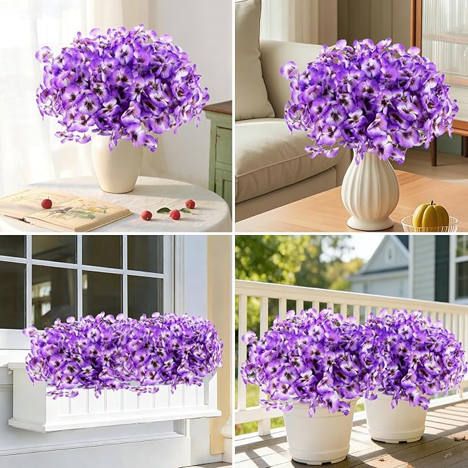 ZAIYW 18 Bundles Artificial Flowers Outdoor Fake Flowers Pansies Faux Artificial Plants for Planter Porch Yard Home Decor (Purple White)