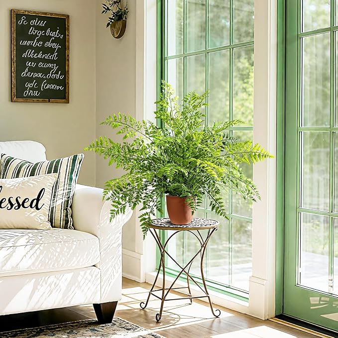 2 Pack Artificial Fern Plants in Pots Artificial Boston Ferns Potted Plants Faux Fern Bush Plant Shrubs Greenery for Outdoor Indoor Porch Patio Farmhouse Garden Living Room Office Table Decor (Type 2)