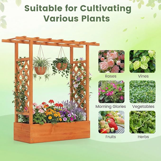 BECOMFORT Raised Garden Bed with Trellis & Hanging Roof, 45" Tall Fir Wood Planter Box with Drainage Holes, Outdoor Elevated Garden Planter for Climbing Vines, Perfect for Patio, Lawn & Backyard