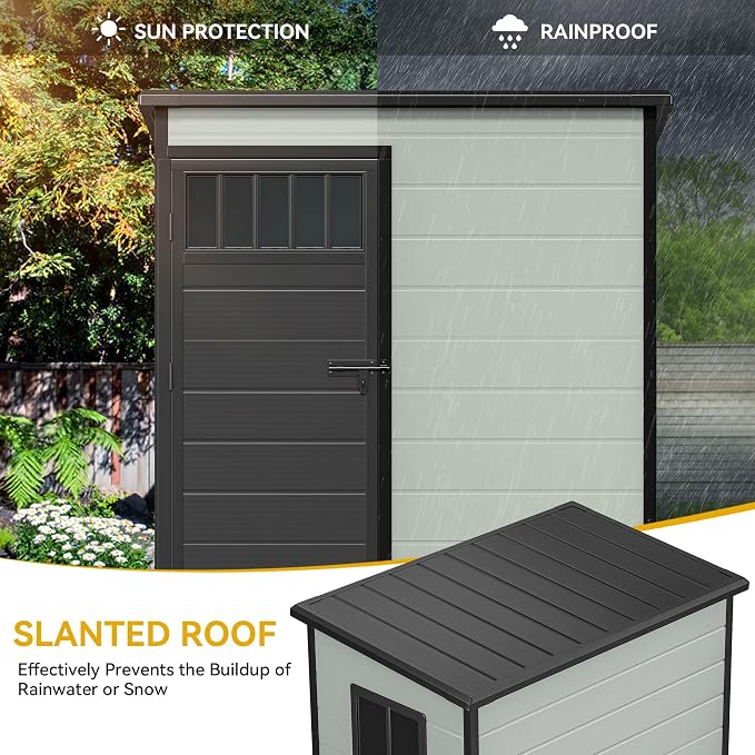 DWVO Outdoor Storage Shed 5x3FT with Fence-Style and Side Windows, Floor & Lockable Doors, Plastic Storage Shed, Storage Shed for Backyard and Garden