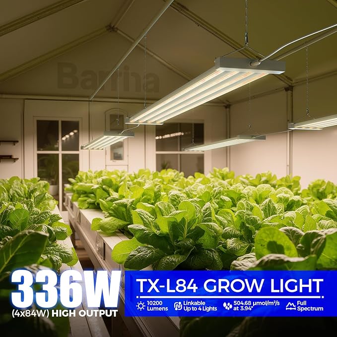 Barrina TX-L84 4FT Grow Lights for Indoor Plant, 336W (4 x 84W), 4 LED Panels Wider Coverage, Full Spectrum, High PPFD, Mechanical Timer, Linkable, Hanging Light for Indoor Vegetable, Seeding, 4 Packs