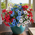 17 Inch Artificial Faux Pansy Flowers for Outdoor,Fake Pansies Flowers with Eucalyptus Leaves Fake Plants Greenery Boxwood Porch Patio Decor 6 Bundles(Red,Blue,White)