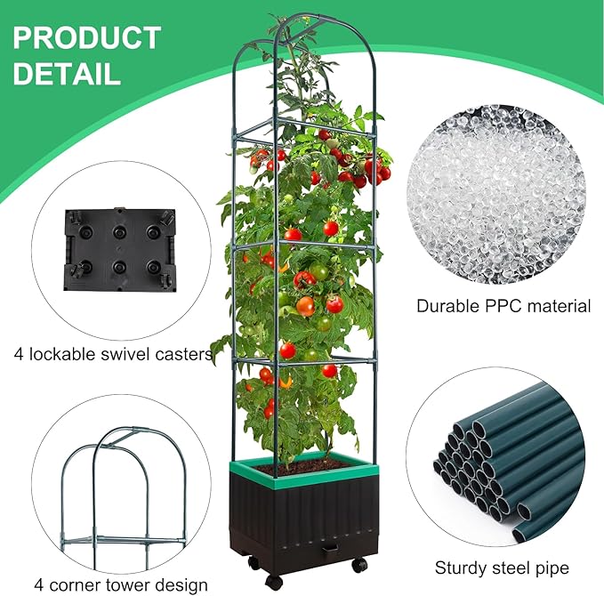 Yhtpouqe Raised Garden Bed with Self Watering Garden Pots, Planter Box with Trellis for Climbing Plants Vegetable Vine Flowers, Tomato Cage Planter for Indoor Outdoor Yard Greenhouse Use