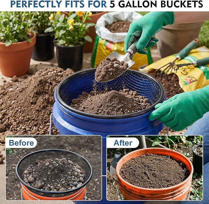 1PCS Soil Sifter for Gardening, 11.8" W Rock Sifter for 5 Gallon Bucket, 3mm Mesh Galvanized Steel Sifting Screen Dirt Sifter for Compost, Worm, Leaves, Sawdust, Rocks, Sand and Gravel