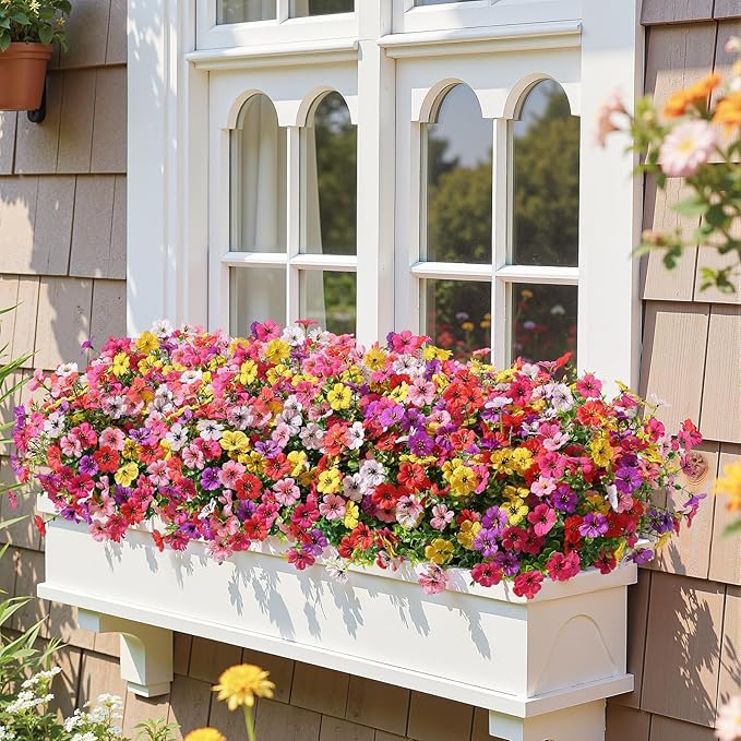 Alupssuc 48 Bundles Artificial Flowers for Outdoors Decoration, UV Resistant Silk Faux Floral Spring Fake Plastic Plants Greenery for Outside Indoor Home Porch Window Box Decor(Upgrade 6 Colors)