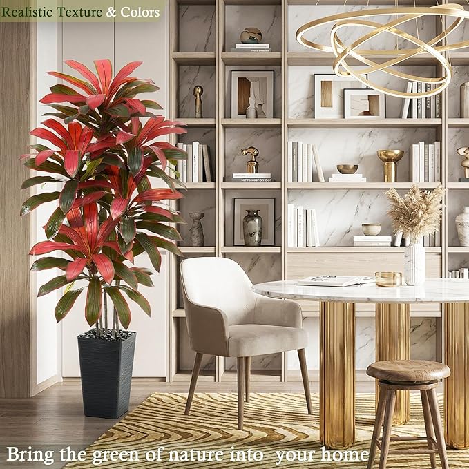 Artificial Dracaena Tree：6FT Faux Silk Tropical Yucca Floor Trees Realistic Fake Green Plant with Natural Wood Trunk & Lifelike Leaves for Home Office Decor Indoor & Outdoor (6FT,1-Pack,Black)