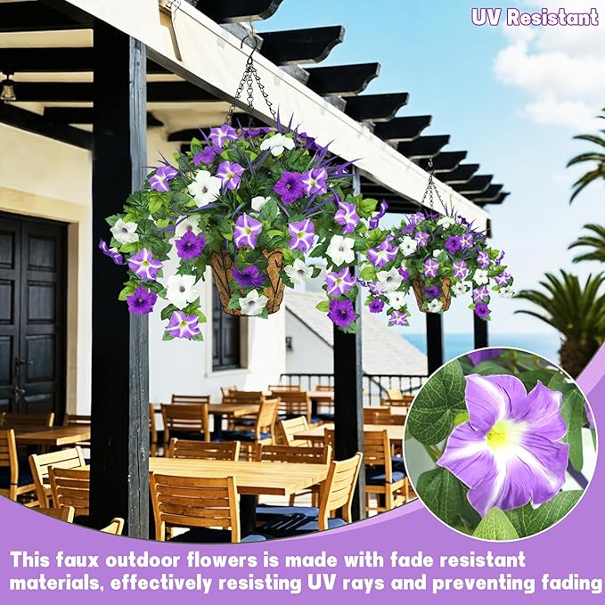 2 Pack Artificial Flowers Hanging Baskets for Outdoors, 10 PCS UV Resistant Faux Outdoor Plants, Fake Petunias Silk Flowers for Garden Balcony Yard Porch Decor (White Green Purple)