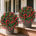 Grooy Artificial Boxwood Topiary Tree with Rose, Set of 2 Artificial Shrub Bushes with Ground Spike, Fake Evergreen Tree for Porch, Artificial Plants for Outdoor Planters Indoor UV Resistant