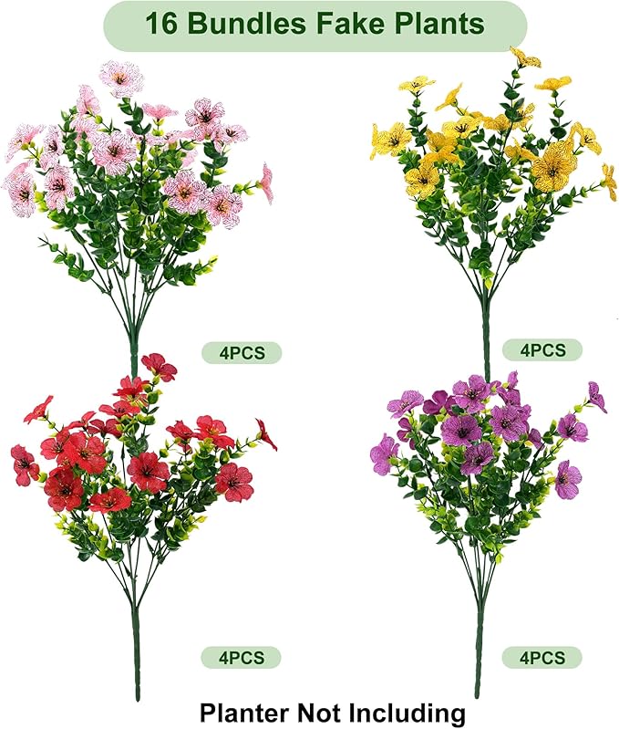 Artificial Flowers for Outdoor Fake Plants for Spring Decoration,Faux Eucalyptus Flowers for Planter UV Resistant Lifelike for Home Porch Garden (Yellow/Pink/Red/Light Purple)
