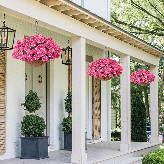 INSPRING Geraniums Artificial Flowers Hanging Basket for Outdoors Outside Spring Decoration, 8 Bundles Silk Flowers Fake Plants Look Real UV Resistant for Porch Home Patio Balcony Yard, Pink