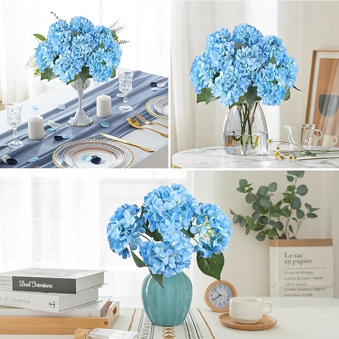 AGIRL 3 Bundles Blue Artificial Hydrangea Flowers for Outdoors, UV Resistant Lifelike Faux Flowers for Spring Indoor Outdoor Garden Patio Porch Balcony Home Decor Wedding Party Centerpieces