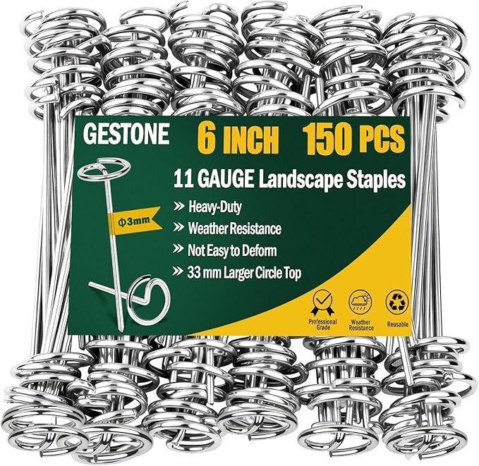 150 PCS Landscape Fabric Staples Pins,Heavy Duty Circle Top Landscape Fabric Stakes,6 inch Galvanized Weed Barrier Stakes Pins with Removal Tool,Reusable Garden Staples for Weed Barrier Fabric