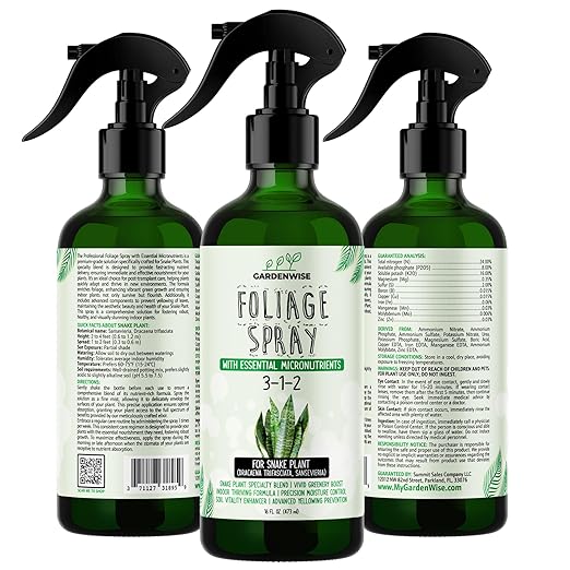 GARDENWISE Professional Foliar Plant Spray with Essential Micronutrients 3-1-2 for Snake Plants, Dracaena trifasciata, Sansevieria - Liquid Fertilizer - Plant Food - Plant Shine - Plant Care (8 OZ)