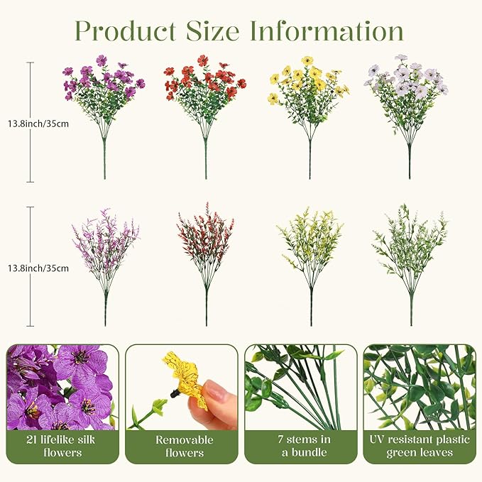 SHareconn 24 Bundles Artificial Flowers for Outdoors Decoration, Faux Plants Fake Silk Colorful Daisy Eucalyptus Lavender, UV Resistant for Outside Home Porch Indoor Spring Decor, RedPurpleYellowWhite