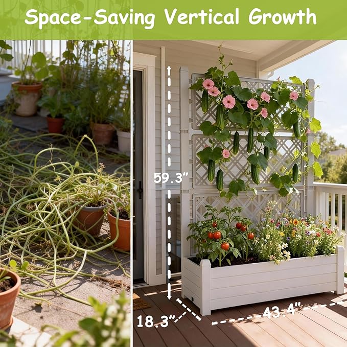 5' Tall Raised Garden Bed with Trellis, Self Watering Planter Box for Outdoor Climbing Plants Resin Garden Lattice for Vegetables, Flowers, Tomato & Vine with Drainage Holes (Ashen, 3 Pack)
