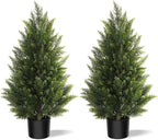 Outdoor Artificial Cedar Topiary Tree, Faux Evergreen Shrubs for Front Porch Decor, Lifelike Fake Bushes Plants for Home Living Room Front Door Decor (2, 3ft)