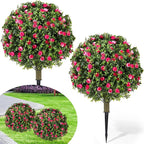 Lunmon 2 Pack 24" Artificial Topiary Ball Plants Trees with Flowers, Outdoor Fake Topiary Plants with Ground Spike, UV Resistant Faux Bushes for Indoor Outdoor Front Door Decor(Pink, White,Rose)