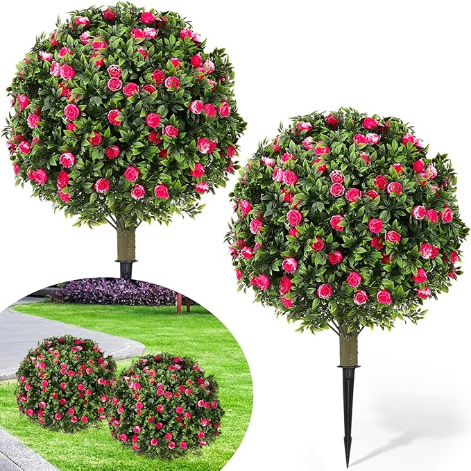 Lunmon 2 Pack 24" Artificial Topiary Ball Plants Trees with Flowers, Outdoor Fake Topiary Plants with Ground Spike, UV Resistant Faux Bushes for Indoor Outdoor Front Door Decor(Pink, White,Rose)