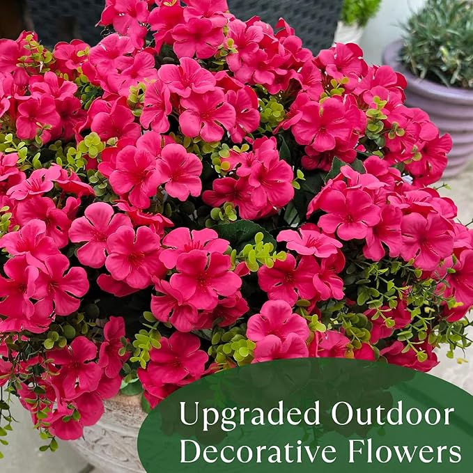 Artificial Geranium Flowers for Outdoor Decoration, 6 Bundles UV Resistant Silk Geranium Fake Plants Faux Flowers for Front Porch Garden Patio Window Box Outside Indoor Decor (Rose Red)