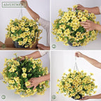 GLIDLION Artificial Flower & Eucalyptus with Hanging Basket - 2PCS Faux UV Sun Resistant Morning Glory in Planter, Fake Colorful Silk Flowers for Spring Summer Porch Patio Balcony Yard Decor (Yellow)